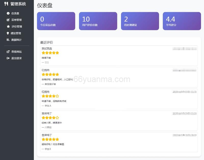 餐厅食谱菜单公示评论系统源码